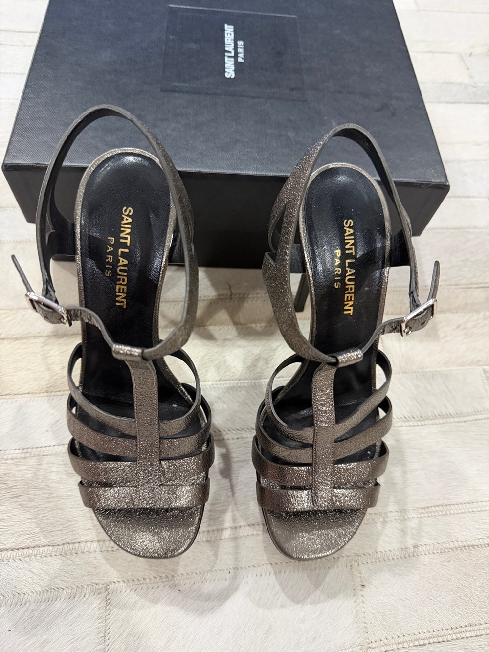 Saint Laurent Metallic Bronze Multi-Strap Slingback Heels